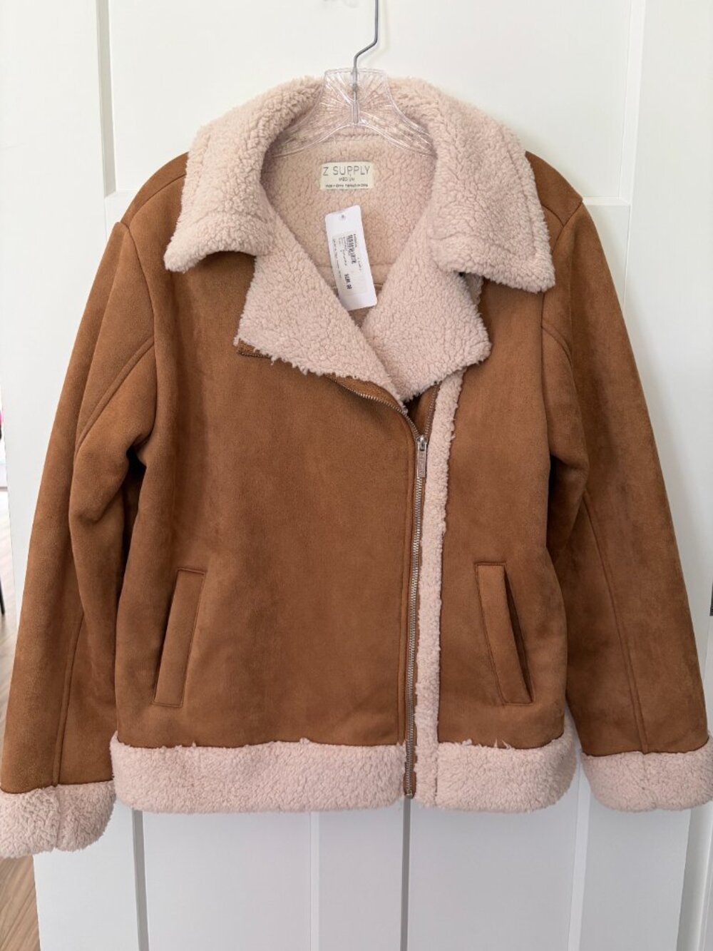 NWT Z Supply Faux Suede Sherpa Jacket Camel Brown Moto Coat Women's Medium